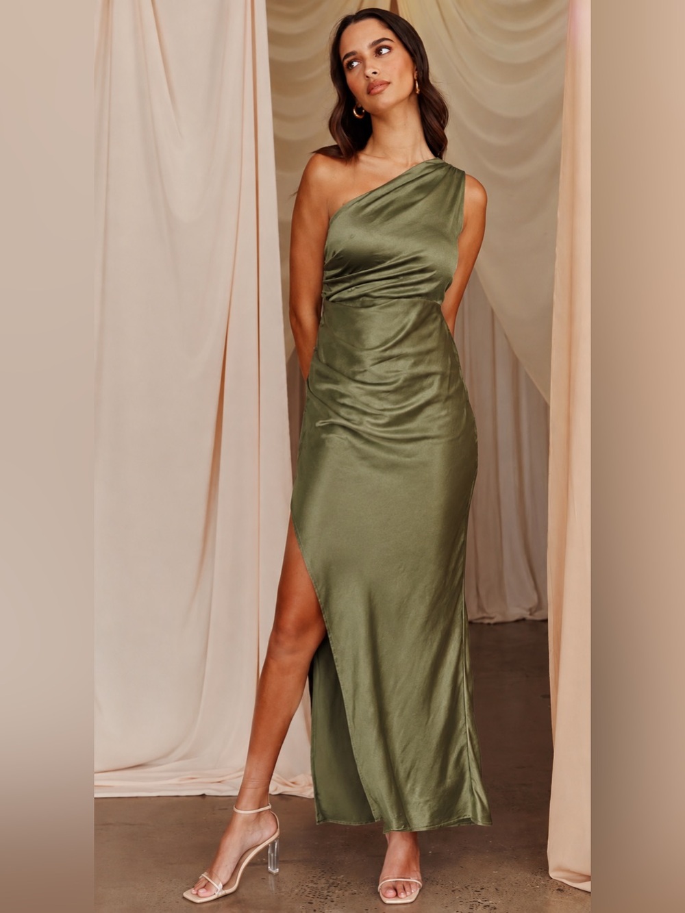 Selfie Leslie Kamillia One Shoulder Split Maxi Dress Olive Green